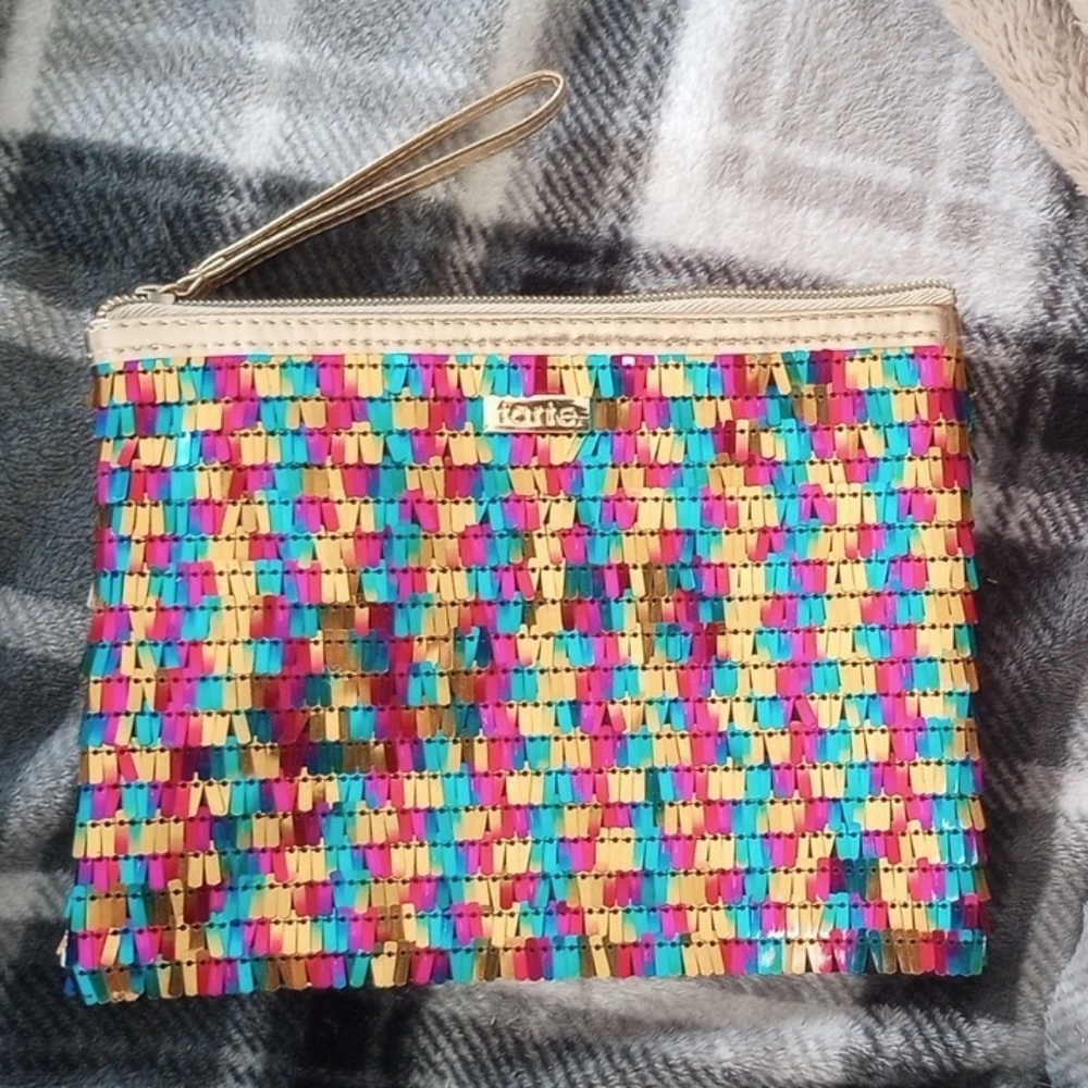 Tarte Metallic Fringe Pink and Blue Geometric Clutch; Exc Condition